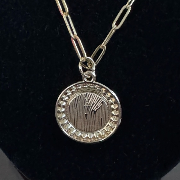 Louis Vuitton Rhinestone/White Pendant 18” Stainless Steel Gold Plated Necklace - Picture 6 of 7